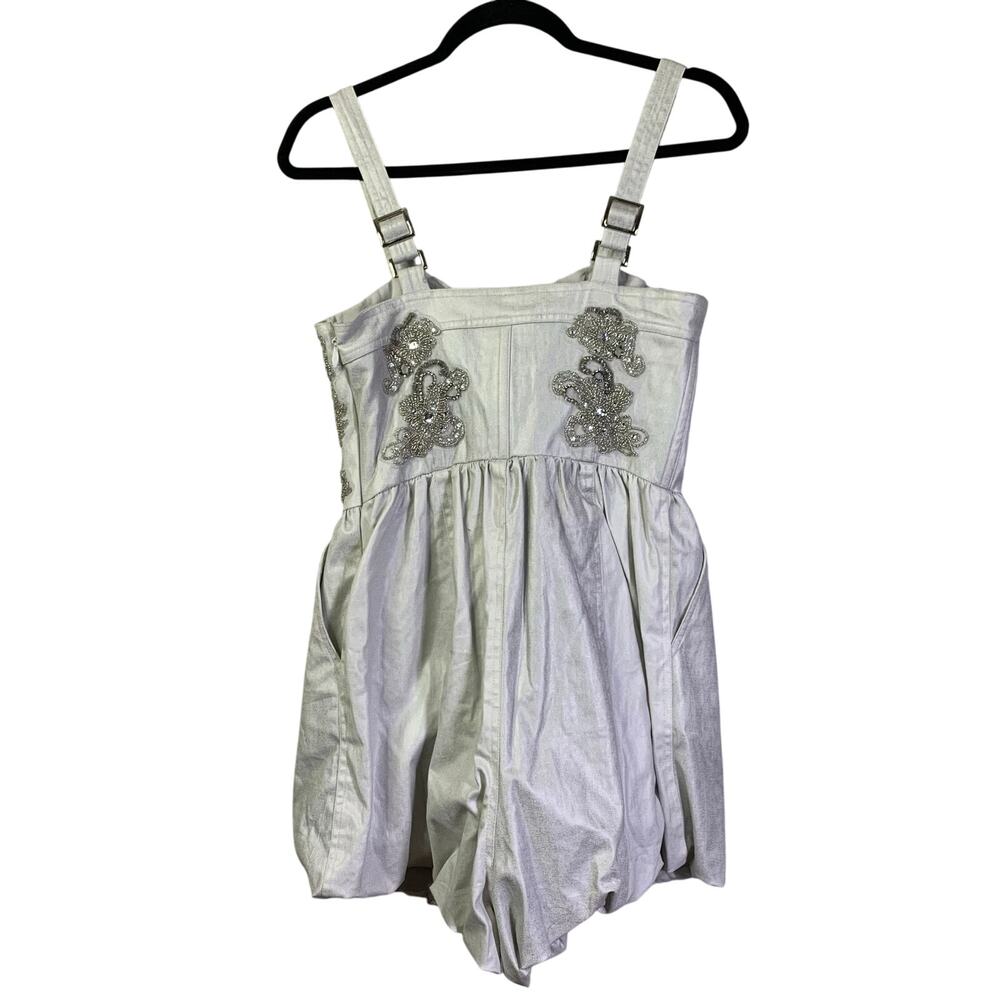 FREE PEOPLE Romper Janelle Bubble Style Size 4 Metallic Silver Hidden Side Zip - Picture 2 of 16